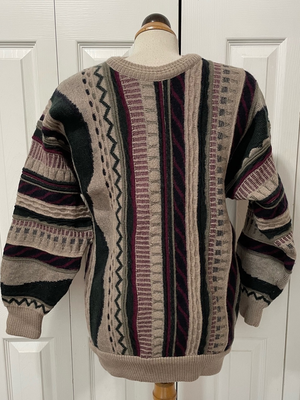 Vintage Wool Geometric Crewneck Sweater in Taupe, Black & Burgundy Medium